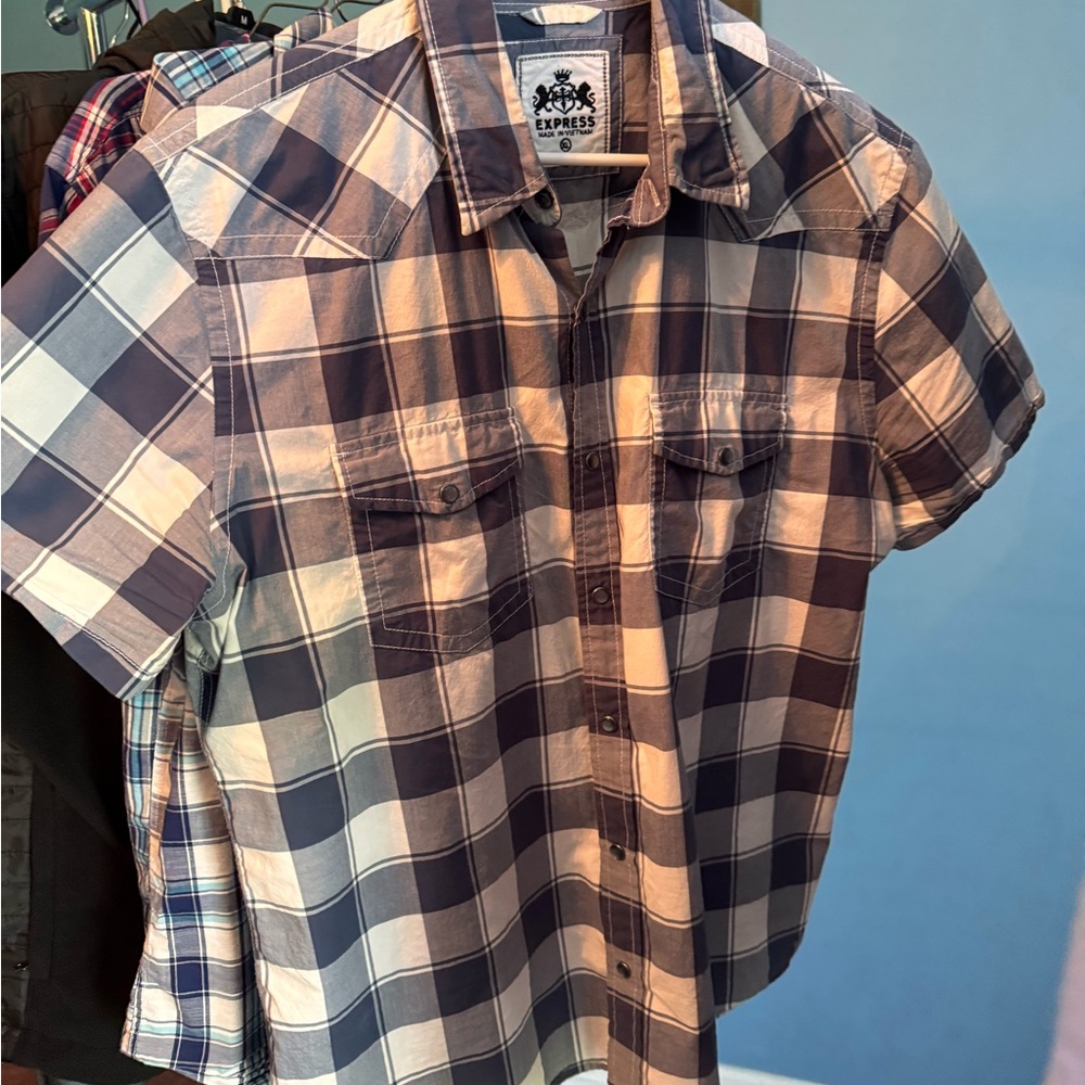 Express Navy and White Plaid Shirt